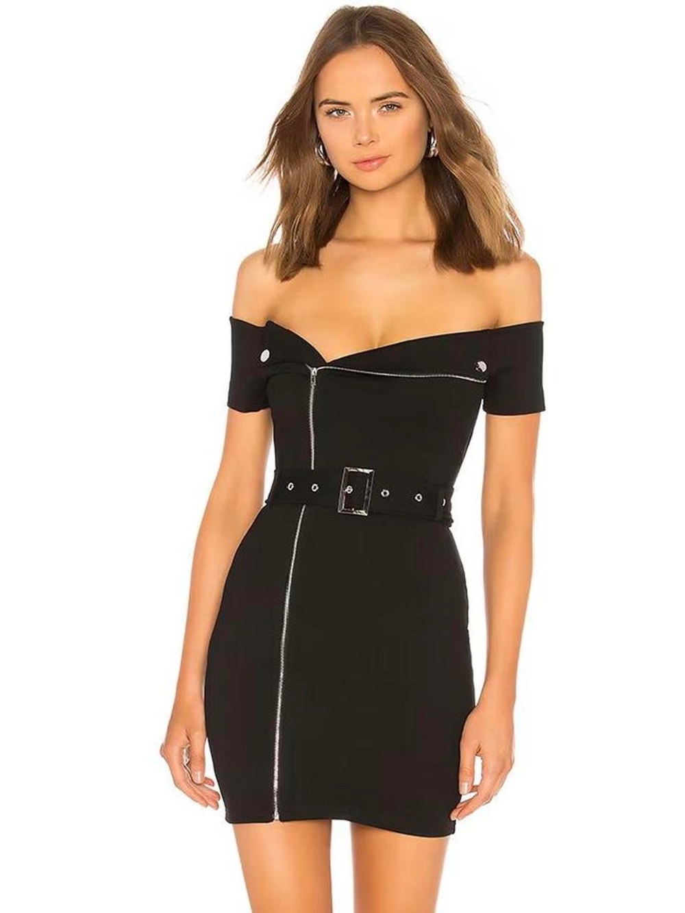 superdown Black Off-Shoulder Zip Belted Mini Dress